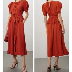 Ulla Johnson Midi Dress Marion Rust Red Ruffle Belted Waist